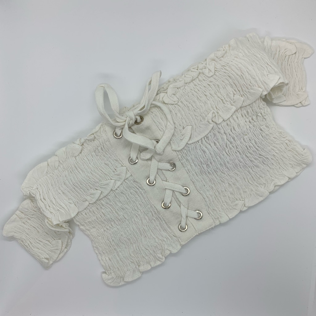 White Linen Blend Smocked Crop Top With Shirring